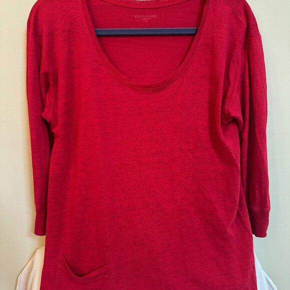 Eileen Fisher Red Scoop-Neck Top – Organic Linen Cotton Slub | Size Small - Picture 2 of 4